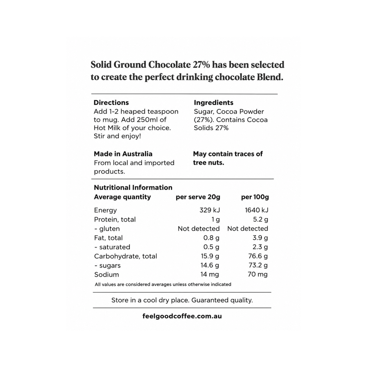 Drinking Chocolate 27% Cocoa 1kg – Gluten Free, Dairy Free & Vegan