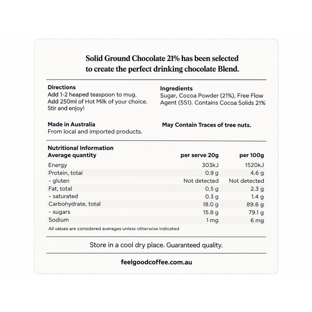 Drinking Chocolate 21% Cocoa 1kg – Gluten Free, Dairy Free & Vegan