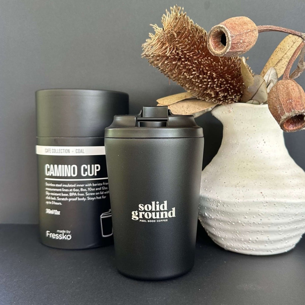 Premium Reusable Spill-Proof Cup 12oz: Solid Ground Branded (Colour Coal) - Solid Ground Roasters