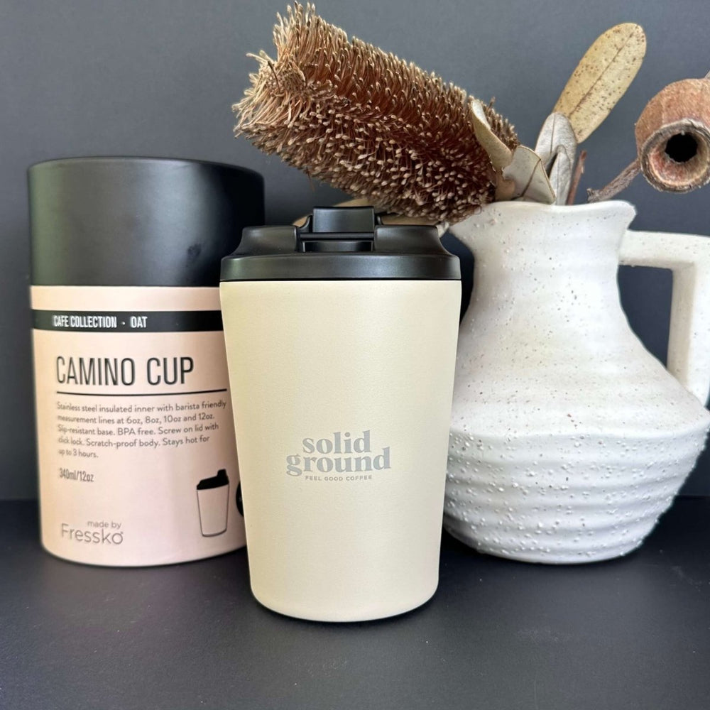 Premium Reusable Spill-Proof Cup 12oz: Solid Ground Branded (Colour Oat) - Solid Ground Roasters