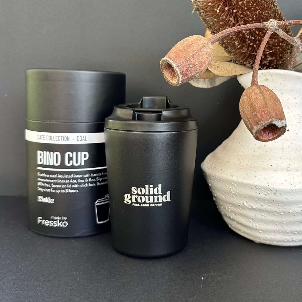 Premium Reusable Spill-Proof Cup 8oz: Solid Ground Branded (Colour Coal) - Solid Ground Roasters